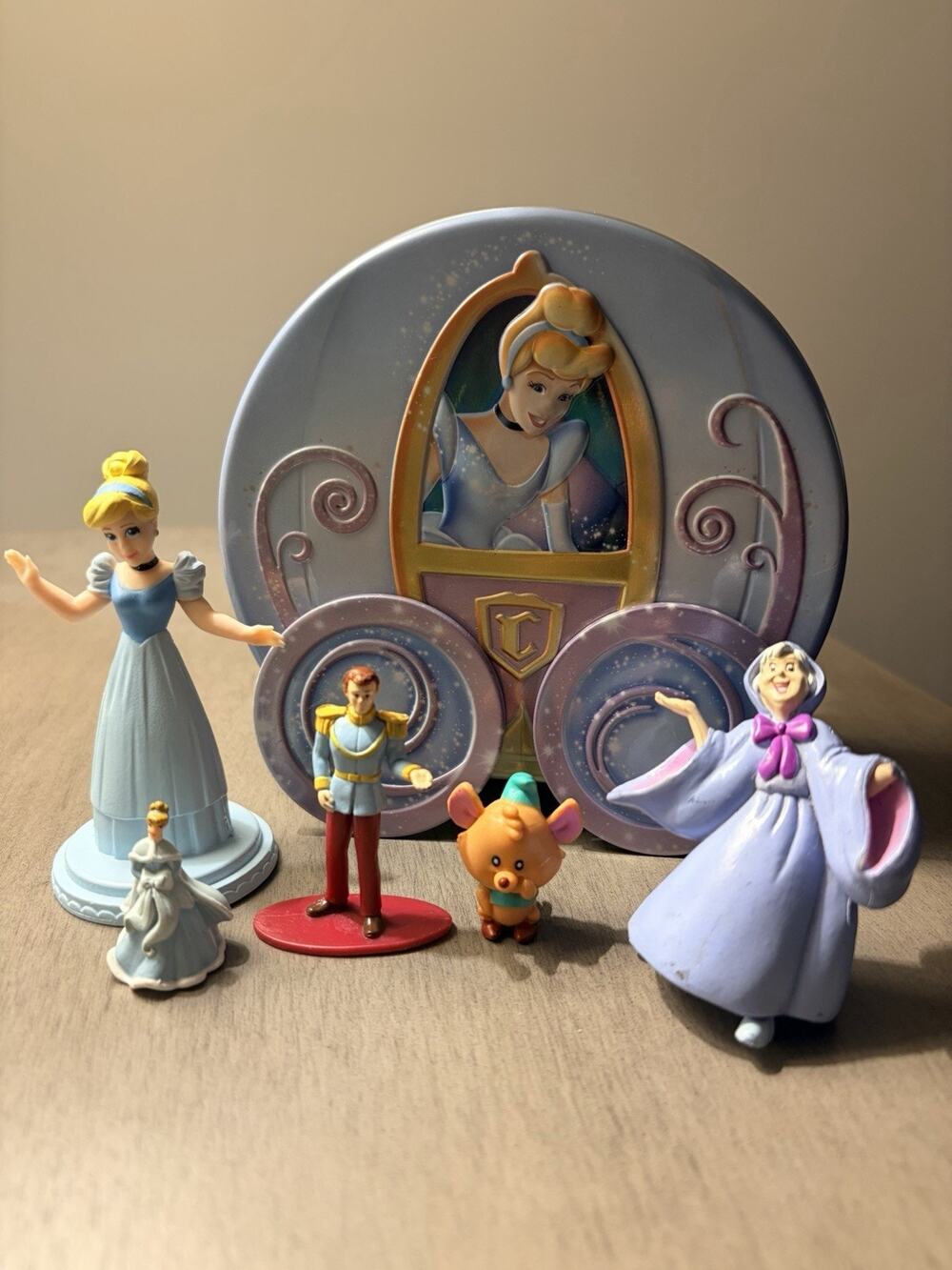 Disney Cinderella Figures and Carriage Tin Bank Lot Moving Wheels